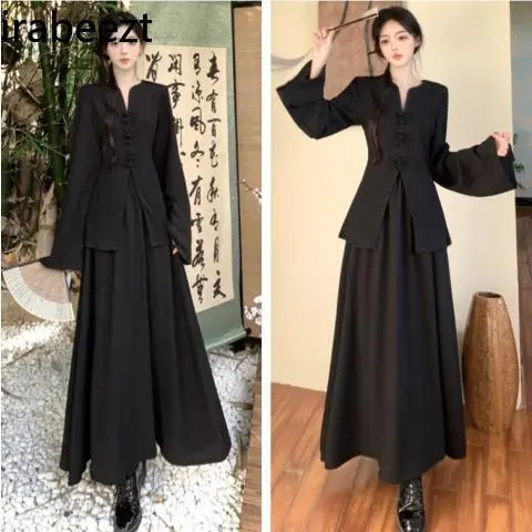Women's Chinese Style Two-Piece Set - Button Front Blouse & High-Waisted Skirt with Slimming Silhouette Versatile Spring Outfit