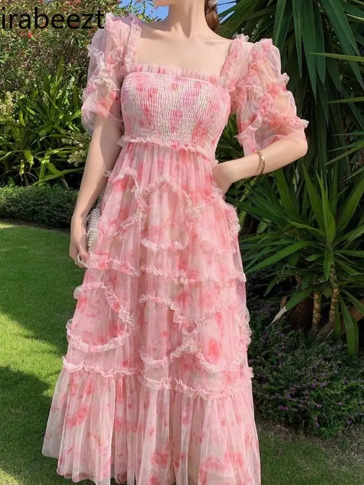 New French Floral Pink Square Neck Bubble Sleeve Robe Summer Boho Ruffle A-Line Gown Vintage Party Evening Formal Dress