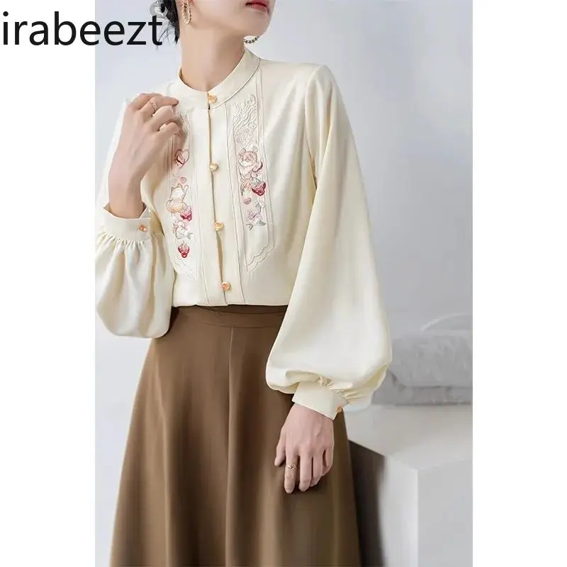 New Chinese Style Blouse Women's Embroidered Stand Collar Asymmetrical Shirt with Peony Print & Slit Cuffs Loose Fit Hanfu Top