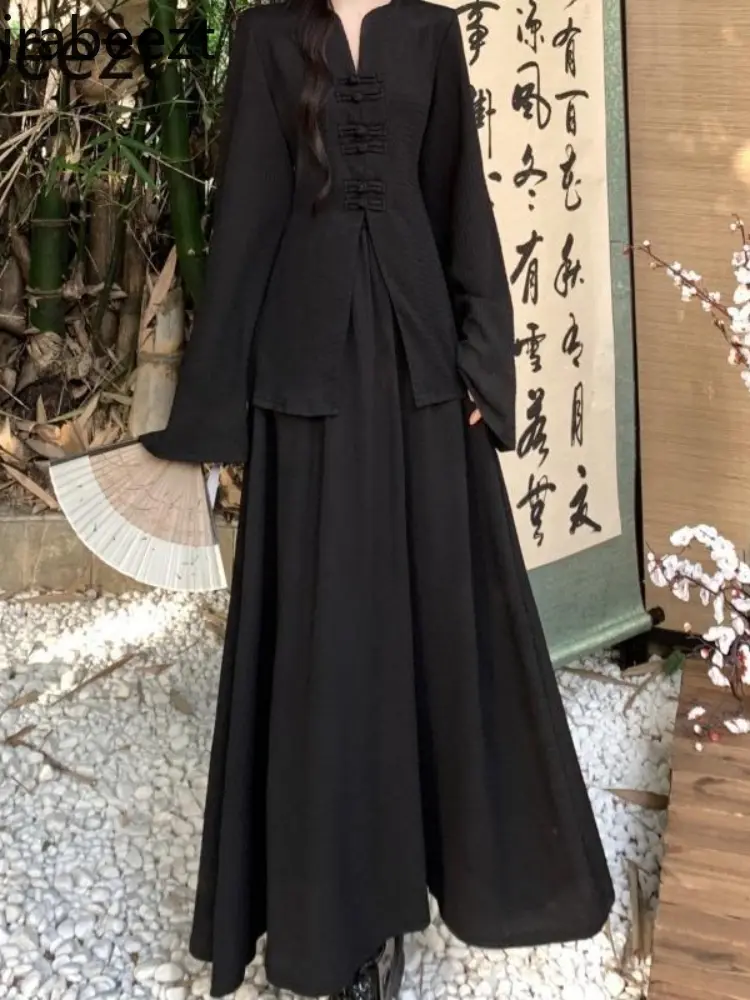 Women's Chinese Style Two-Piece Set - Button Front Blouse & High-Waisted Skirt with Slimming Silhouette Versatile Spring Outfit