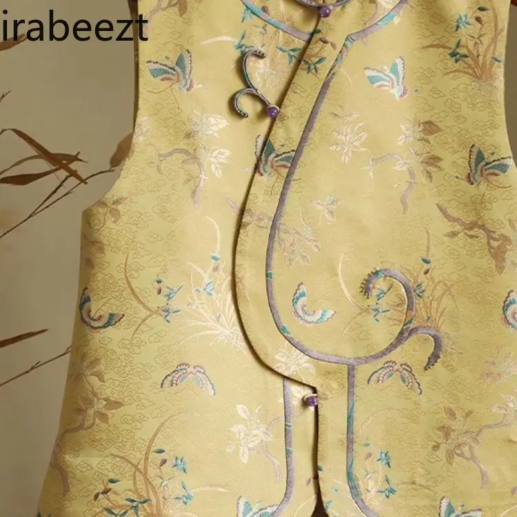 2025 New Chinese Style Yellow Vest Women's Elegant Jacquard Embroidery Sleeveless Stand Collar Spring Casual Chic Blouse