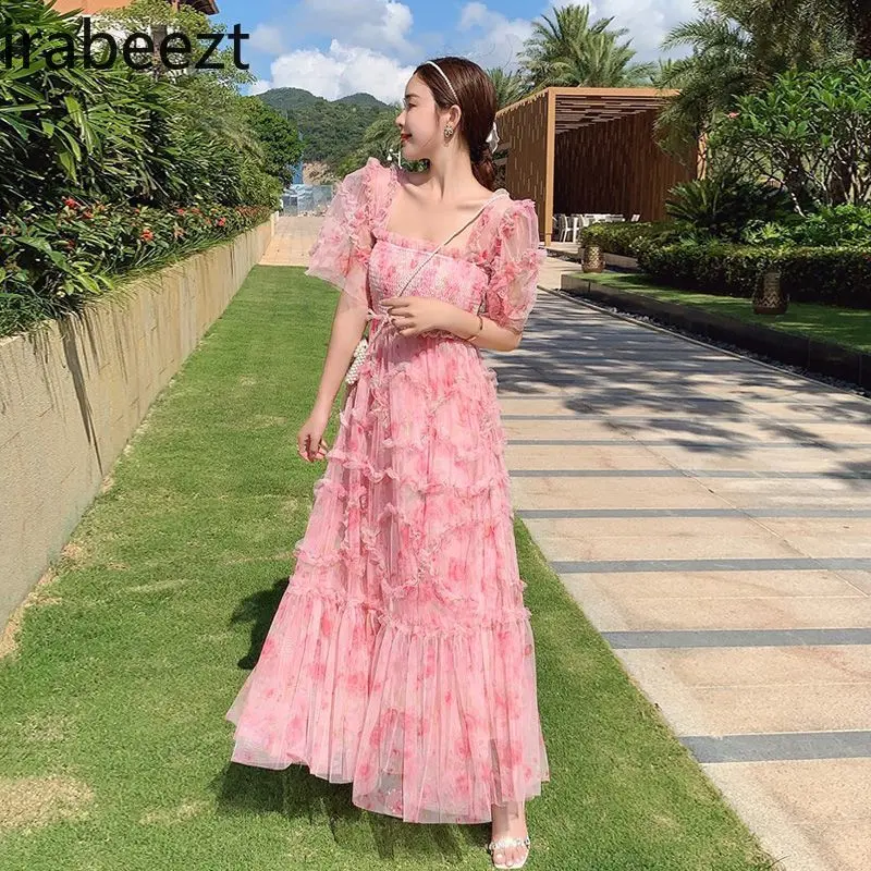 New French Floral Pink Square Neck Bubble Sleeve Robe Summer Boho Ruffle A-Line Gown Vintage Party Evening Formal Dress