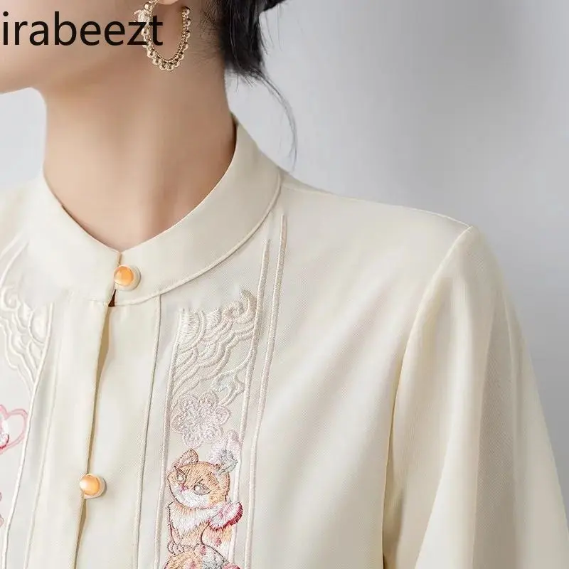 New Chinese Style Blouse Women's Embroidered Stand Collar Asymmetrical Shirt with Peony Print & Slit Cuffs Loose Fit Hanfu Top