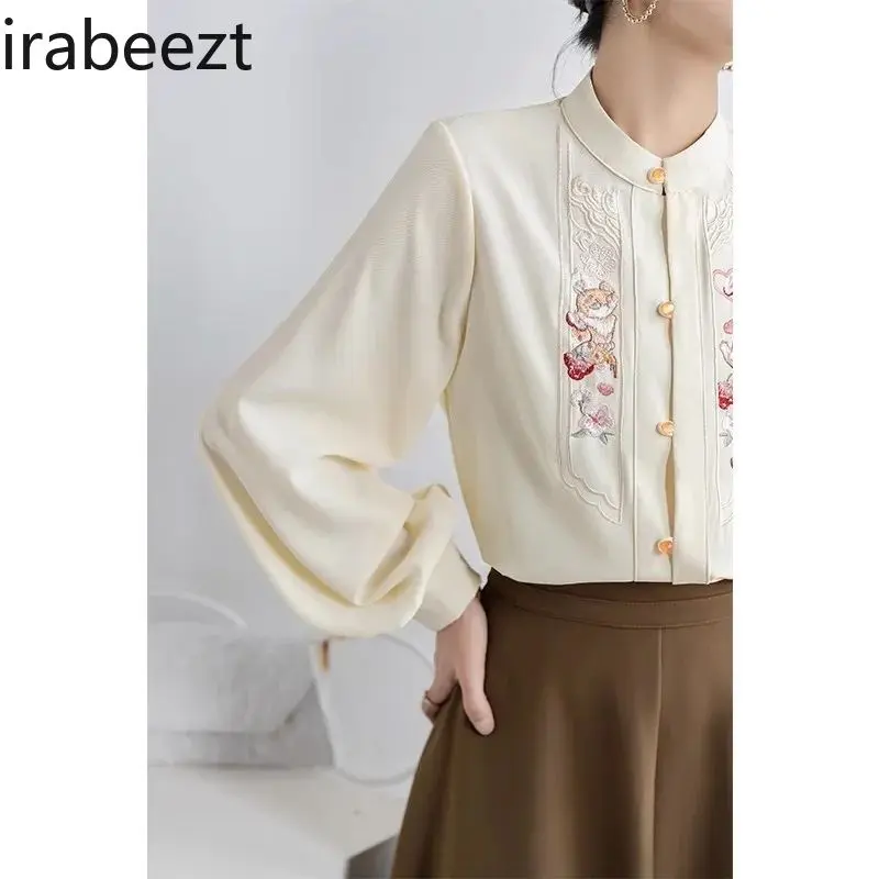New Chinese Style Blouse Women's Embroidered Stand Collar Asymmetrical Shirt with Peony Print & Slit Cuffs Loose Fit Hanfu Top
