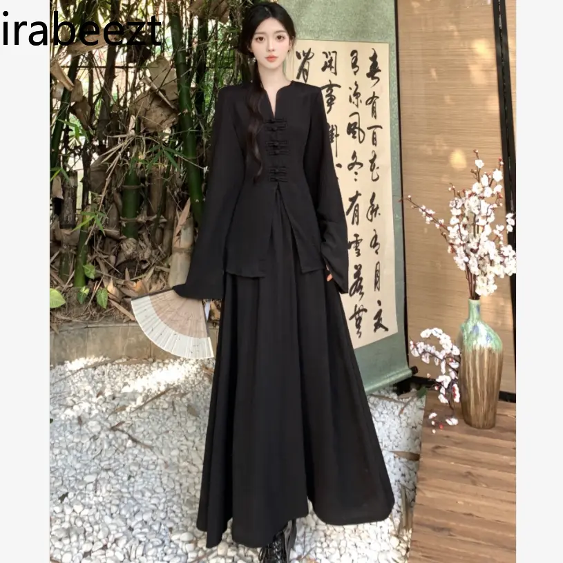Women's Chinese Style Two-Piece Set - Button Front Blouse & High-Waisted Skirt with Slimming Silhouette Versatile Spring Outfit