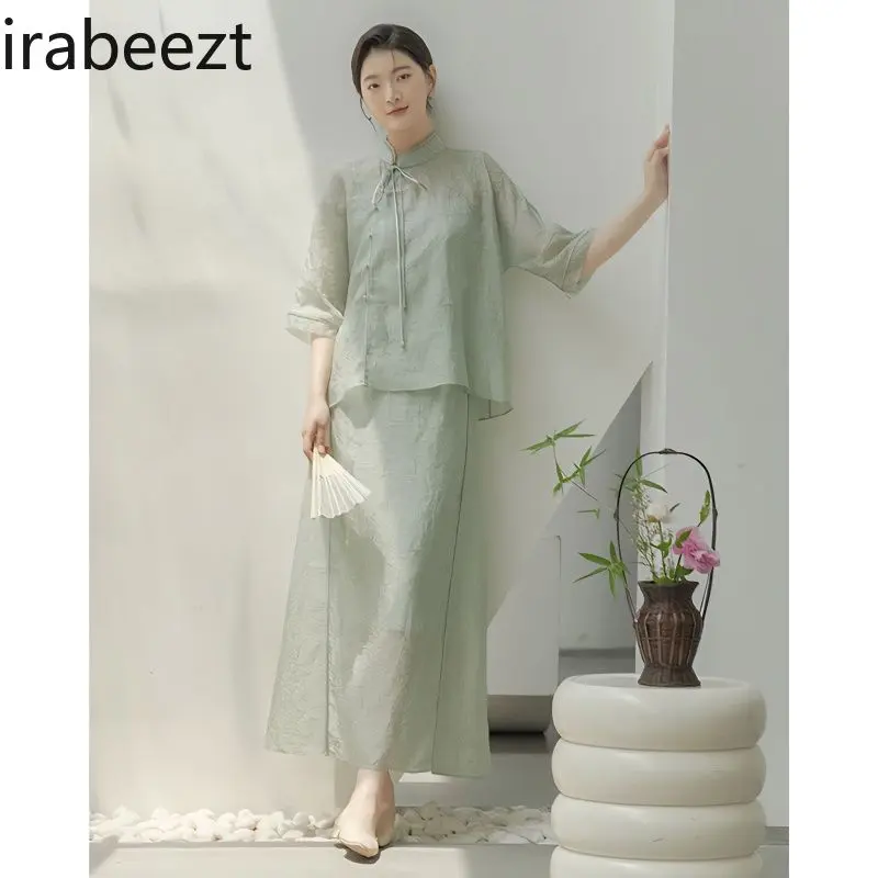 2025 New Chinese Style Tang Suit Set Women's Elegant Blouse & Midi Skirt Autumn Vintage Floral Embroidery Loose Fit