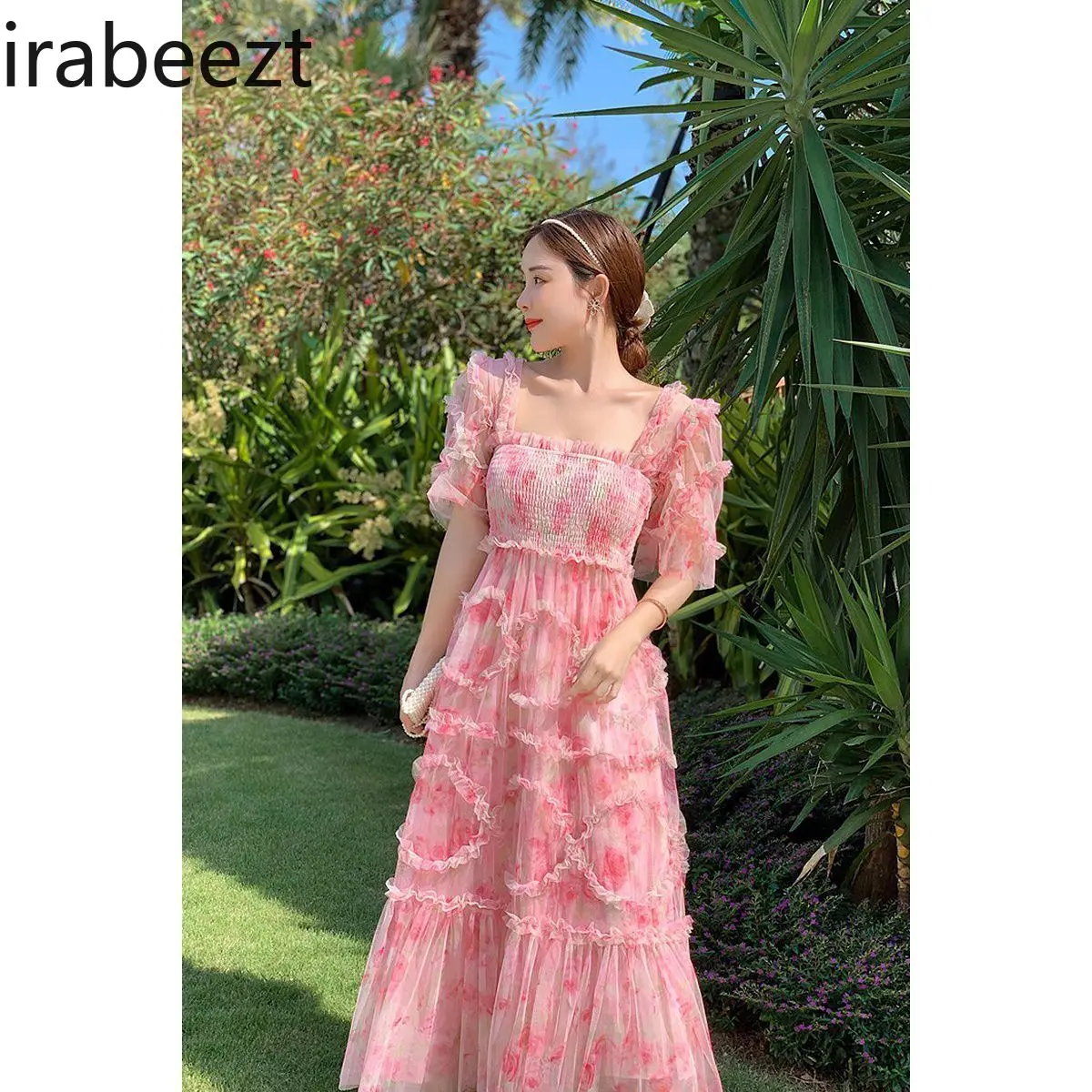 New French Floral Pink Square Neck Bubble Sleeve Robe Summer Boho Ruffle A-Line Gown Vintage Party Evening Formal Dress