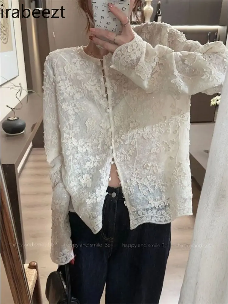 Heavy Embroidered 3D Lace Blouse French-Chinese Style Women's Blazer Blouse Versatile Top for Casual/Office Wear Bestseller
