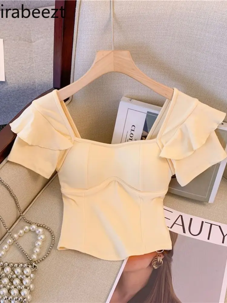 Summer Short T-shirt with Small Flying Sleeves Square Neck Mainland China Women Clothes High Strecth Shirts for Women