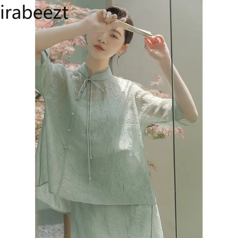 2025 New Chinese Style Tang Suit Set Women's Elegant Blouse & Midi Skirt Autumn Vintage Floral Embroidery Loose Fit