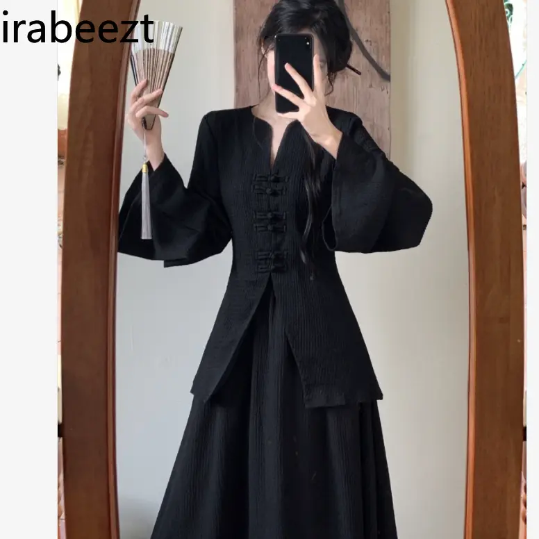 Women's Chinese Style Two-Piece Set - Button Front Blouse & High-Waisted Skirt with Slimming Silhouette Versatile Spring Outfit