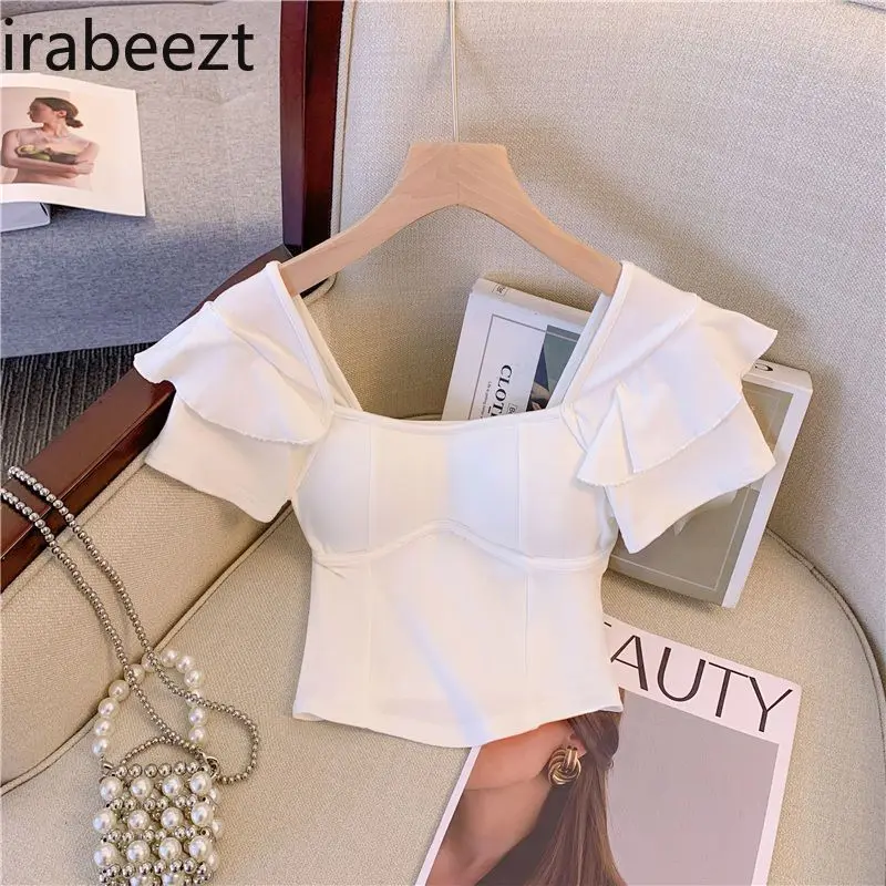 Summer Short T-shirt with Small Flying Sleeves Square Neck Mainland China Women Clothes High Strecth Shirts for Women