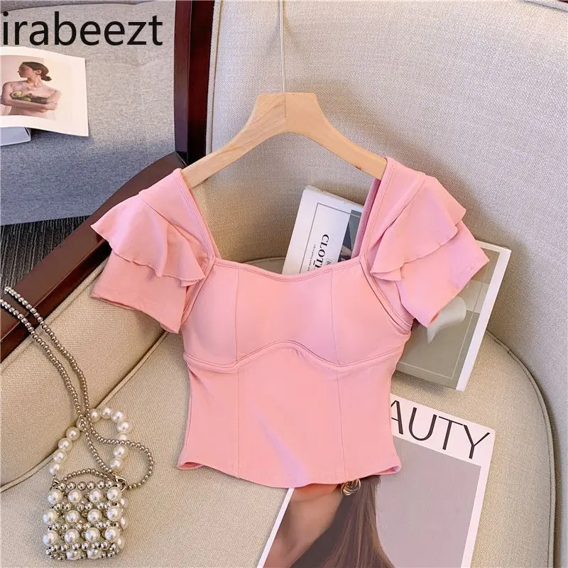 Summer Short T-shirt with Small Flying Sleeves Square Neck Mainland China Women Clothes High Strecth Shirts for Women