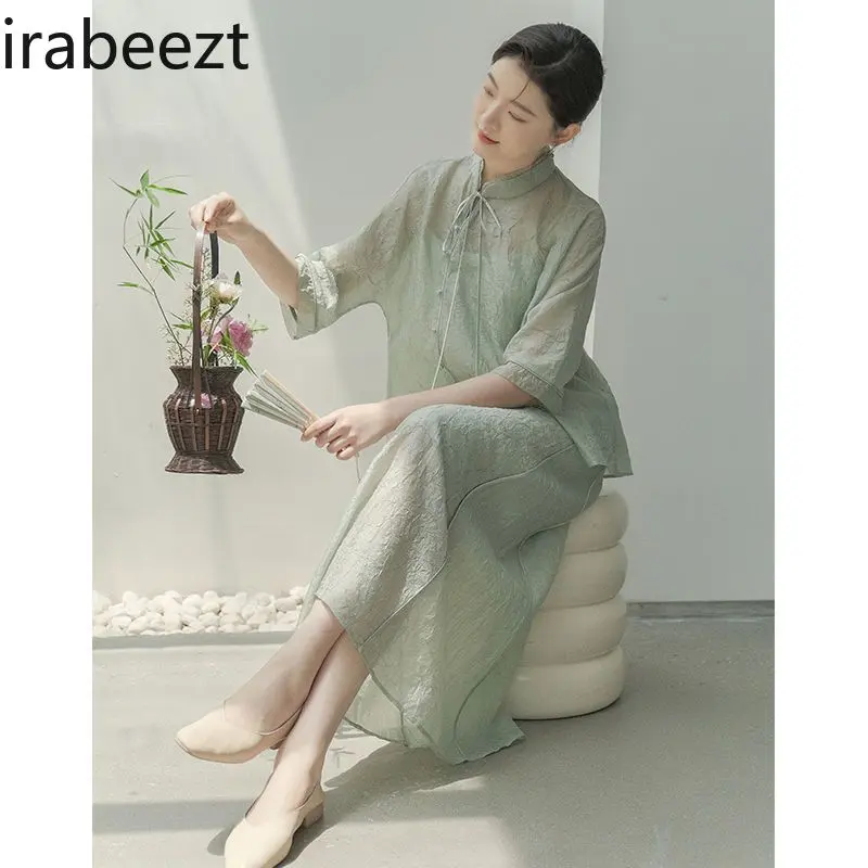 2025 New Chinese Style Tang Suit Set Women's Elegant Blouse & Midi Skirt Autumn Vintage Floral Embroidery Loose Fit