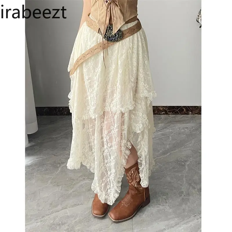 Free-Flowing Boho Lace Skirt - Asymmetrical Layering Design Bohemian Nomadic Style Flowy Midi Skirt for Women Festival Outfits