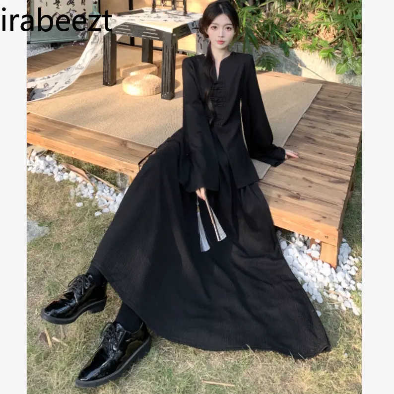 Women's Chinese Style Two-Piece Set - Button Front Blouse & High-Waisted Skirt with Slimming Silhouette Versatile Spring Outfit