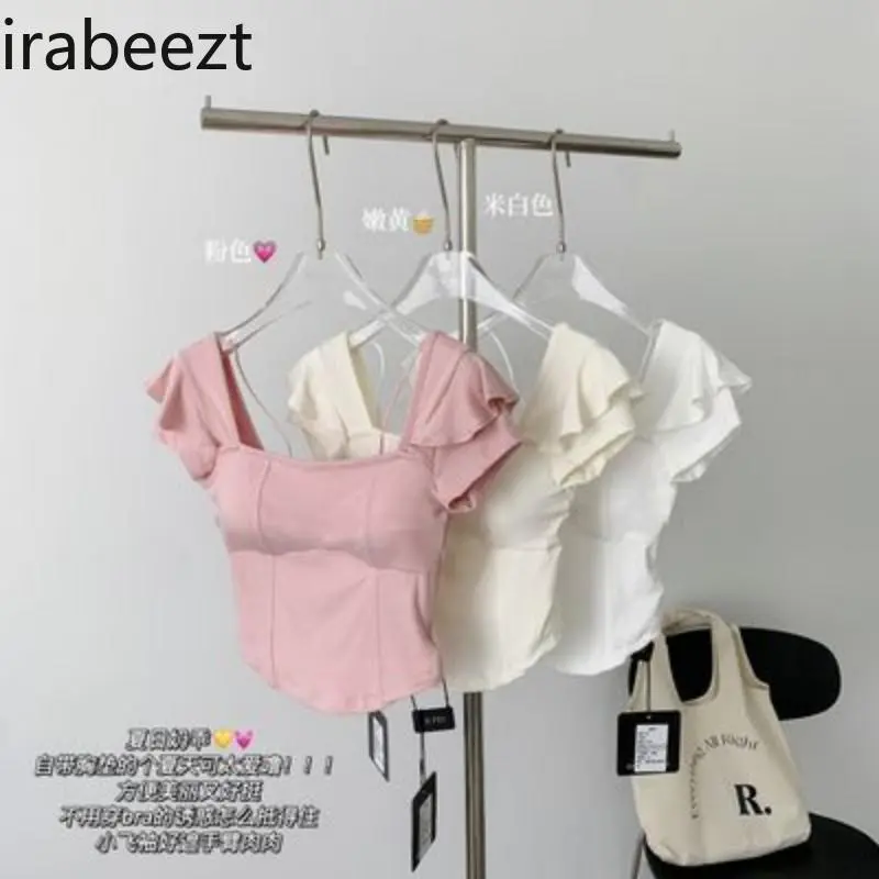 Summer Short T-shirt with Small Flying Sleeves Square Neck Mainland China Women Clothes High Strecth Shirts for Women