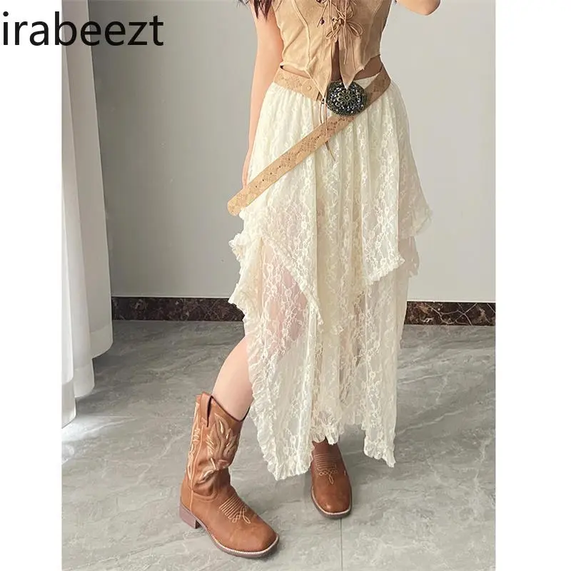 Free-Flowing Boho Lace Skirt - Asymmetrical Layering Design Bohemian Nomadic Style Flowy Midi Skirt for Women Festival Outfits