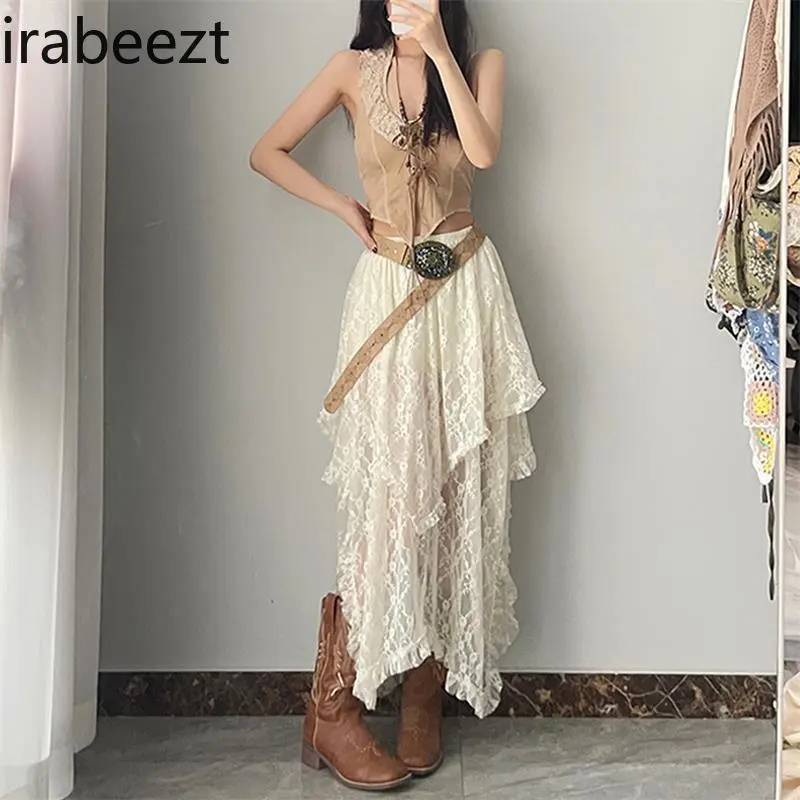 Free-Flowing Boho Lace Skirt - Asymmetrical Layering Design Bohemian Nomadic Style Flowy Midi Skirt for Women Festival Outfits