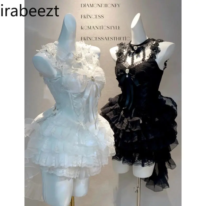 Sweet 2025 Summer Floral Chiffon Tiered Ruffle Sleeveless A-line Mini Cake Dress for Women Pure Y2K Kawaii Party Vestidos