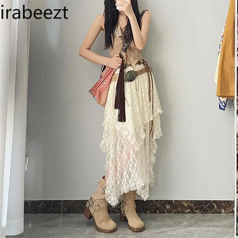 Free-Flowing Boho Lace Skirt - Asymmetrical Layering Design Bohemian Nomadic Style Flowy Midi Skirt for Women Festival Outfits