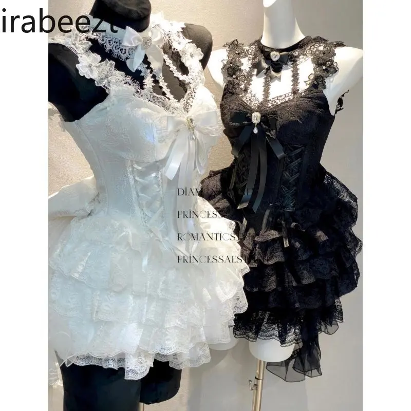 Sweet 2025 Summer Floral Chiffon Tiered Ruffle Sleeveless A-line Mini Cake Dress for Women Pure Y2K Kawaii Party Vestidos