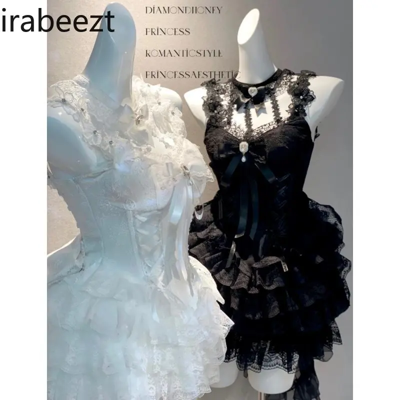 Sweet 2025 Summer Floral Chiffon Tiered Ruffle Sleeveless A-line Mini Cake Dress for Women Pure Y2K Kawaii Party Vestidos
