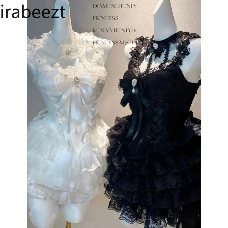 Sweet 2025 Summer Floral Chiffon Tiered Ruffle Sleeveless A-line Mini Cake Dress for Women Pure Y2K Kawaii Party Vestidos