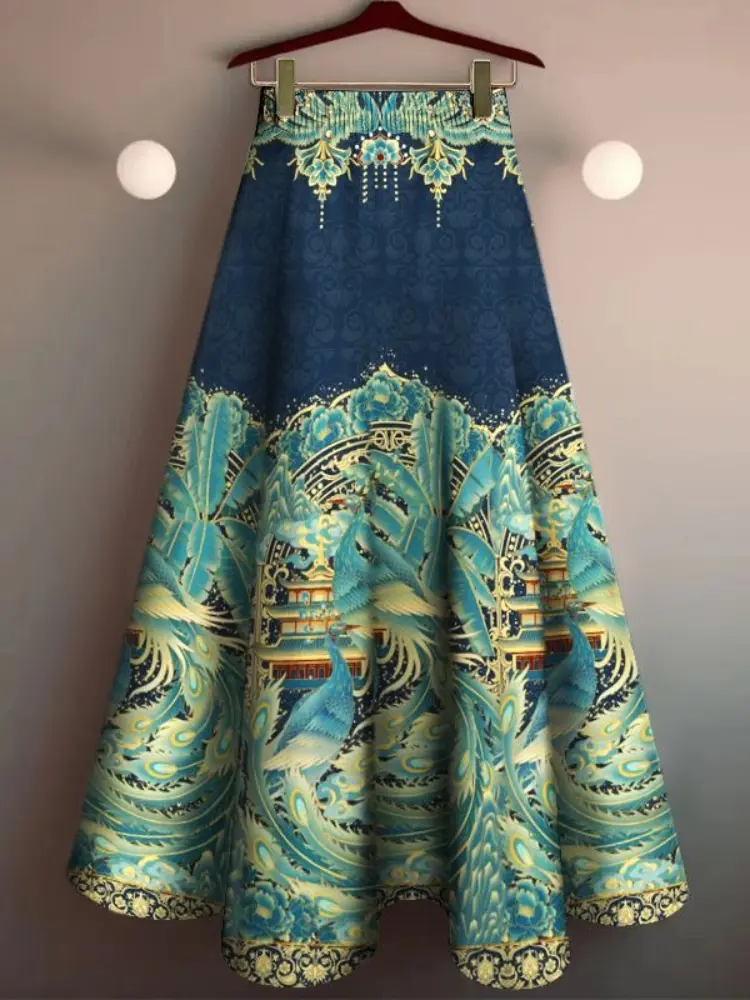 Women's Mid-length Skirts Stylish Printed Large Swing Slimming and Draping Knee-length High Waist Skirts Summer Goth Clothes