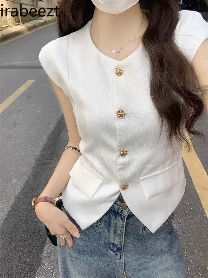 Women's Slim Fit White Vest Jacket Spring Autumn Thin Sleeveless Coat Casual Elegant Small Style Waistcoat for Petite