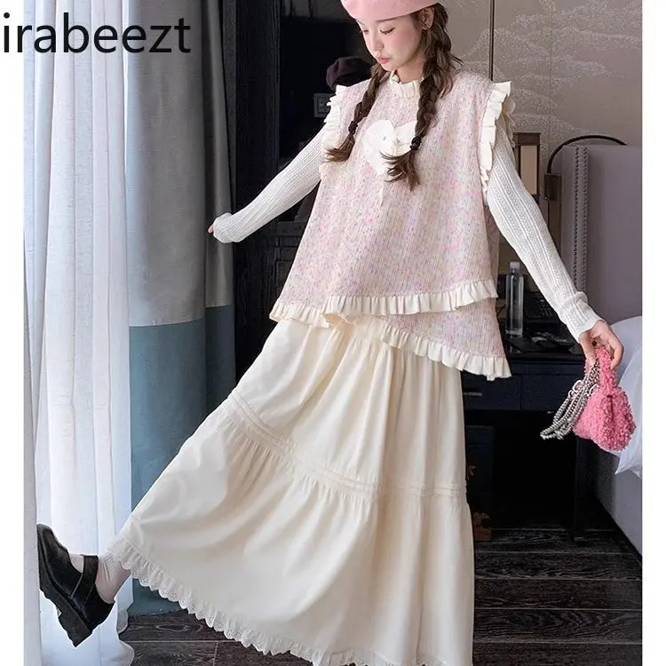 Pink Knitted Vest Skirt Suit for Women 2025 Spring and Autumn New Style Sweet and Beautiful Age-reducing Three-piece Suit