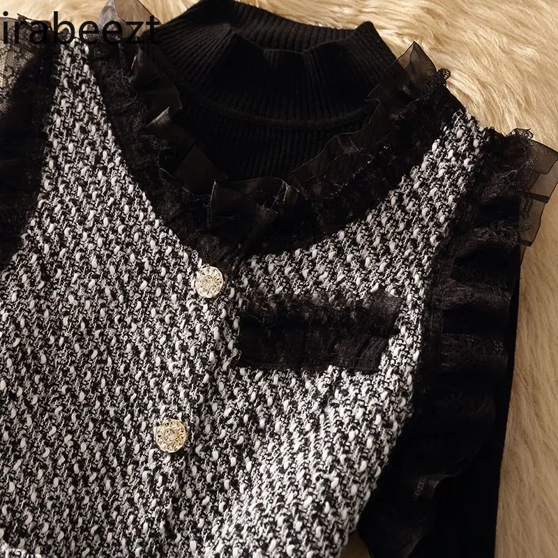 Jaqueta Feminina Inverno French Retro Lace Stitching Tweed Vest for Women Autumn and Winter High-end Chic Short Sleeveless Top
