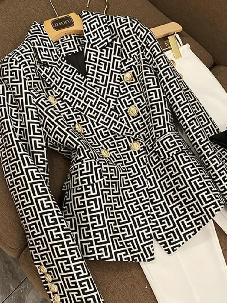 2024 New European and American Fashion Double-breasted Pink Geometric Jacquard Slim-fit Suit Jacket Blazer Feminino Alfaiataria