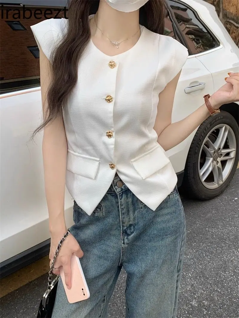 Women's Slim Fit White Vest Jacket Spring Autumn Thin Sleeveless Coat Casual Elegant Small Style Waistcoat for Petite
