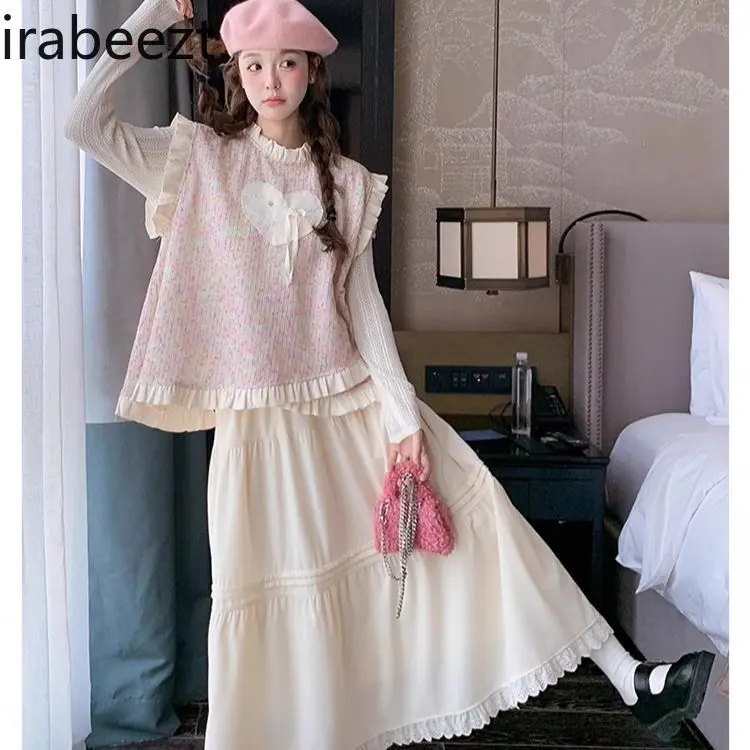 Pink Knitted Vest Skirt Suit for Women 2025 Spring and Autumn New Style Sweet and Beautiful Age-reducing Three-piece Suit