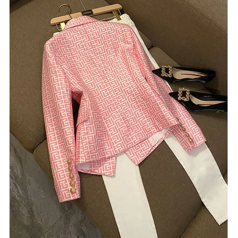 2024 New European and American Fashion Double-breasted Pink Geometric Jacquard Slim-fit Suit Jacket Blazer Feminino Alfaiataria