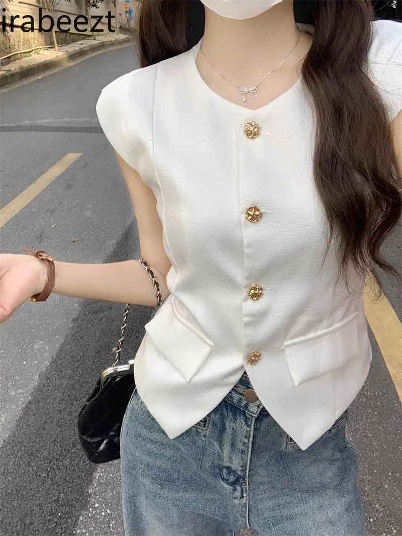 Women's Slim Fit White Vest Jacket Spring Autumn Thin Sleeveless Coat Casual Elegant Small Style Waistcoat for Petite
