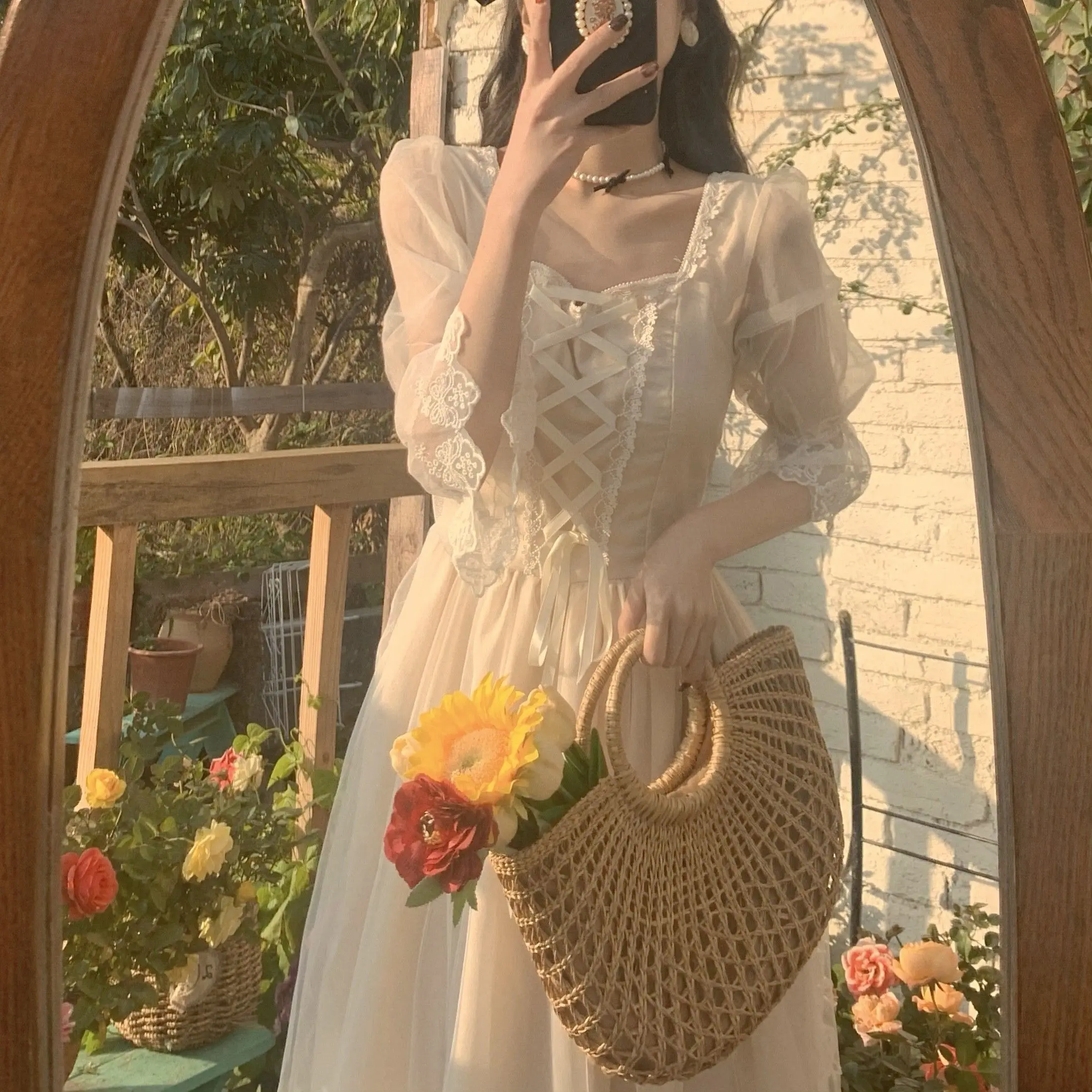 2025 Early Spring New Romantic Tea Dress French Style White Floral A-line Elegant Fairy Forest Vintage Boho Chic Women Dress​