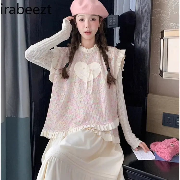 Pink Knitted Vest Skirt Suit for Women 2025 Spring and Autumn New Style Sweet and Beautiful Age-reducing Three-piece Suit