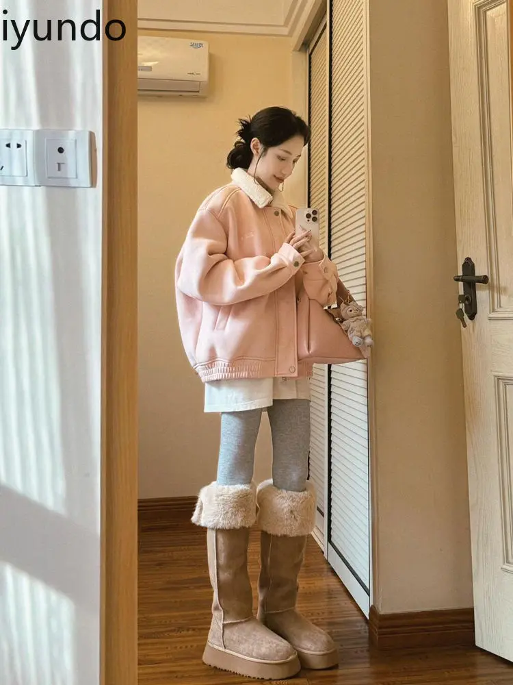 Baseball Jacket Long Sleeves Women's Autumn New Loose Temperament Casual Versatile Zipper Pink Lapel Top Girl's Coat