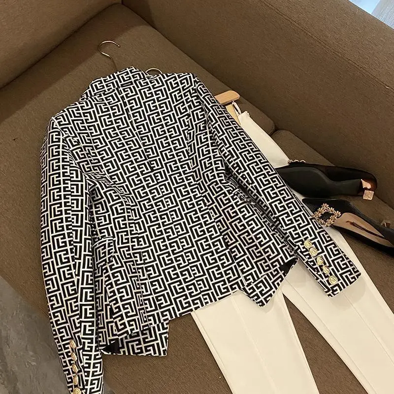 2024 New European and American Fashion Double-breasted Pink Geometric Jacquard Slim-fit Suit Jacket Blazer Feminino Alfaiataria