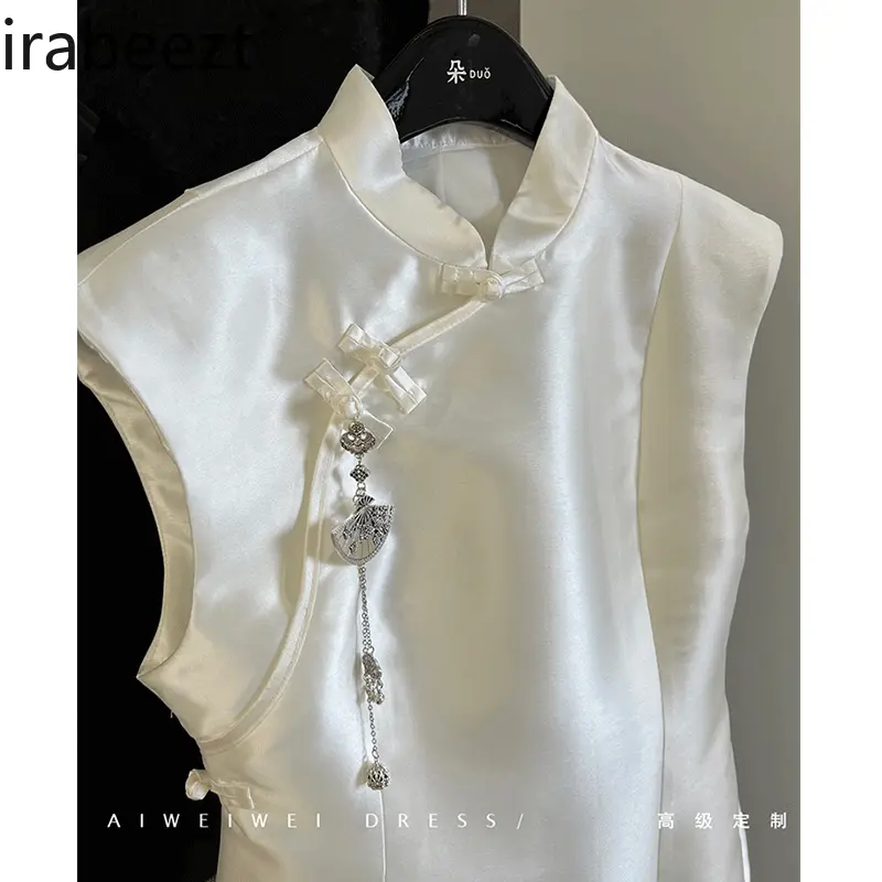 National Trend New Chinese Cheongsam Button Brooch Stand Collar Flower Bud Waist Dress Birthday Dress for Women