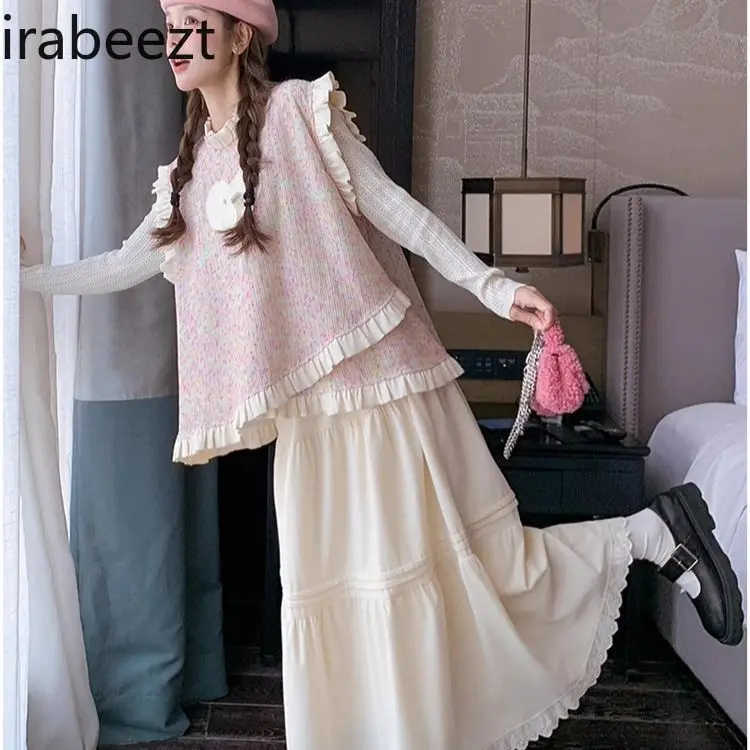 Pink Knitted Vest Skirt Suit for Women 2025 Spring and Autumn New Style Sweet and Beautiful Age-reducing Three-piece Suit
