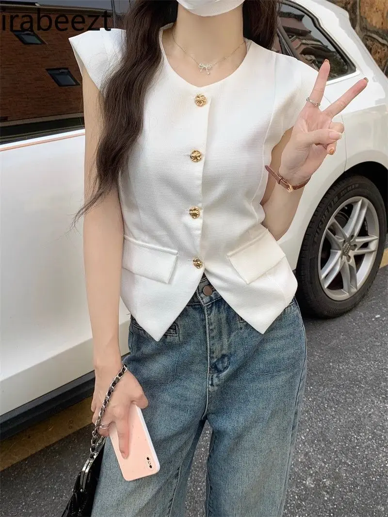 Women's Slim Fit White Vest Jacket Spring Autumn Thin Sleeveless Coat Casual Elegant Small Style Waistcoat for Petite
