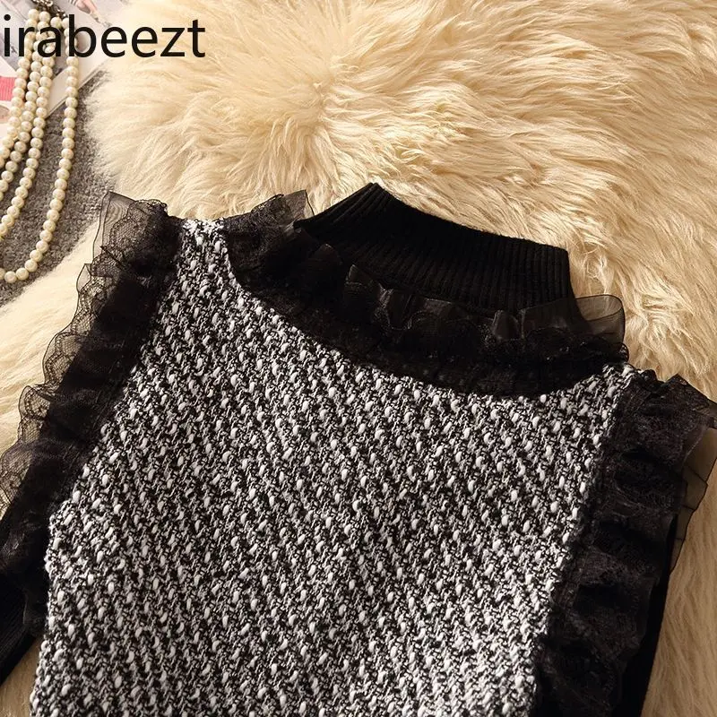 Jaqueta Feminina Inverno French Retro Lace Stitching Tweed Vest for Women Autumn and Winter High-end Chic Short Sleeveless Top