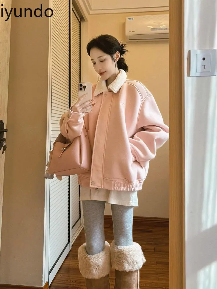 Baseball Jacket Long Sleeves Women's Autumn New Loose Temperament Casual Versatile Zipper Pink Lapel Top Girl's Coat