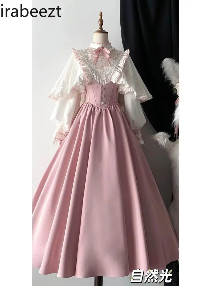 French Spring Lace Bustier Lolita Dress with High Waist Skirt Set Elegant Vintage Gothic Princess Aesthetic Outfit for Women