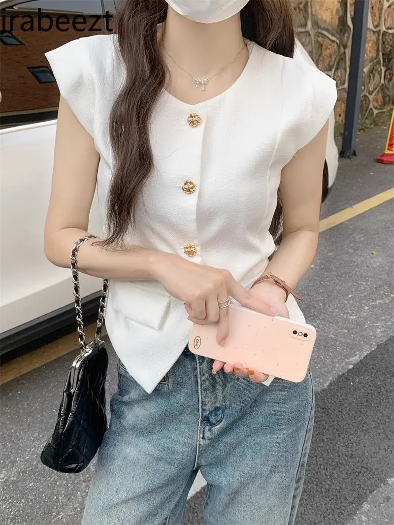Women's Slim Fit White Vest Jacket Spring Autumn Thin Sleeveless Coat Casual Elegant Small Style Waistcoat for Petite