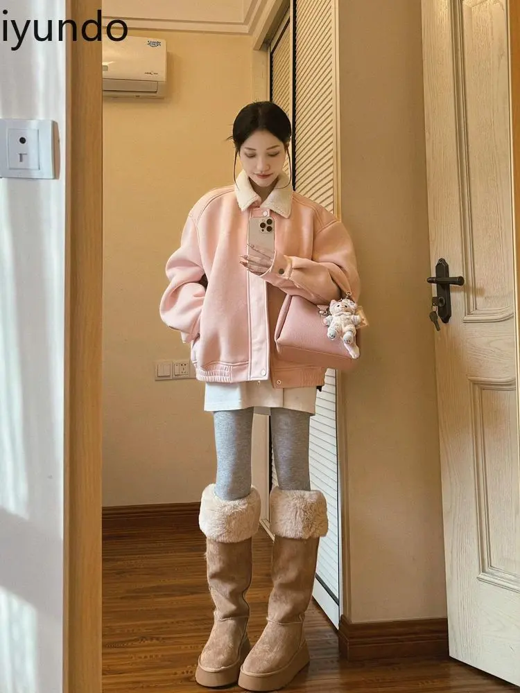 Baseball Jacket Long Sleeves Women's Autumn New Loose Temperament Casual Versatile Zipper Pink Lapel Top Girl's Coat