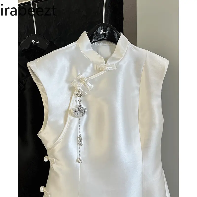 National Trend New Chinese Cheongsam Button Brooch Stand Collar Flower Bud Waist Dress Birthday Dress for Women